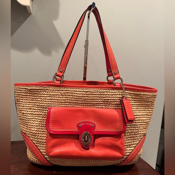 Coach Handbags - Coach straw and orange leather tote with 2 hag tags